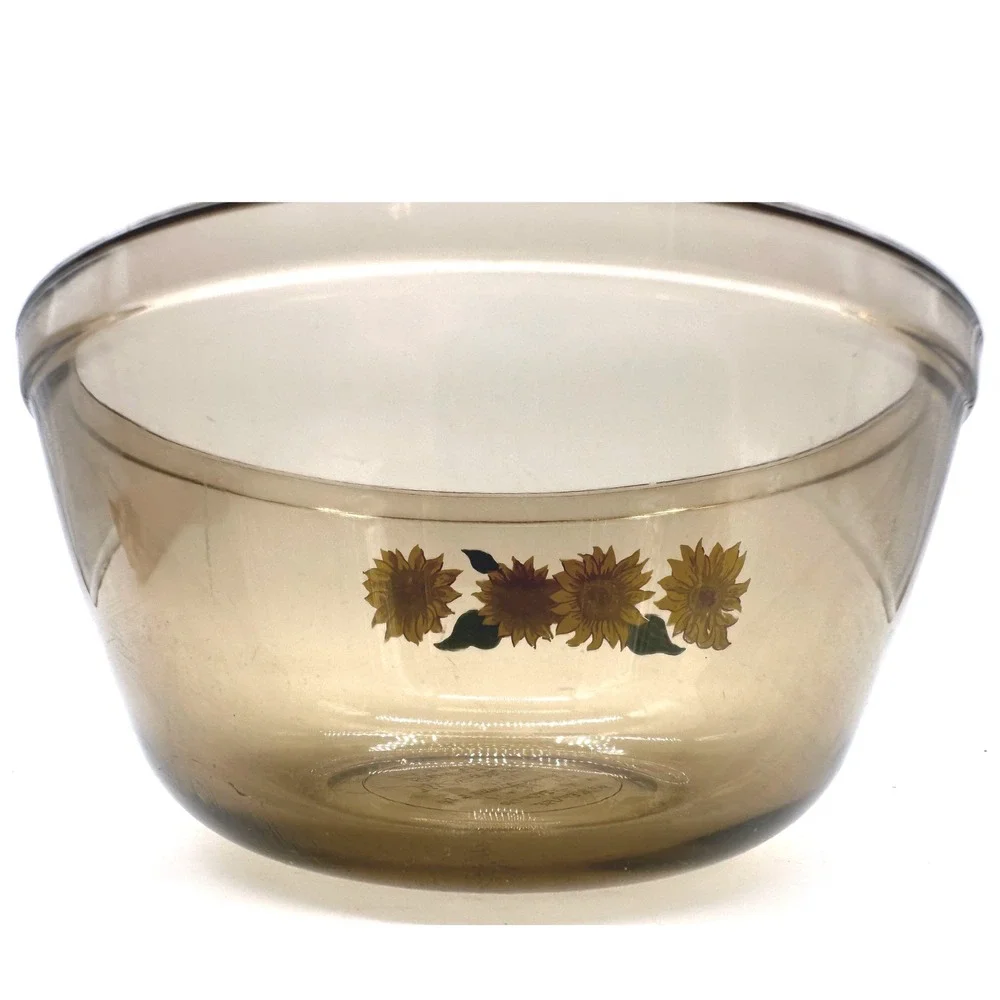 Anchor Hocking Mixing Bowl 1.5 Qt Amber Glass Sunflower Floral Ovenware USA